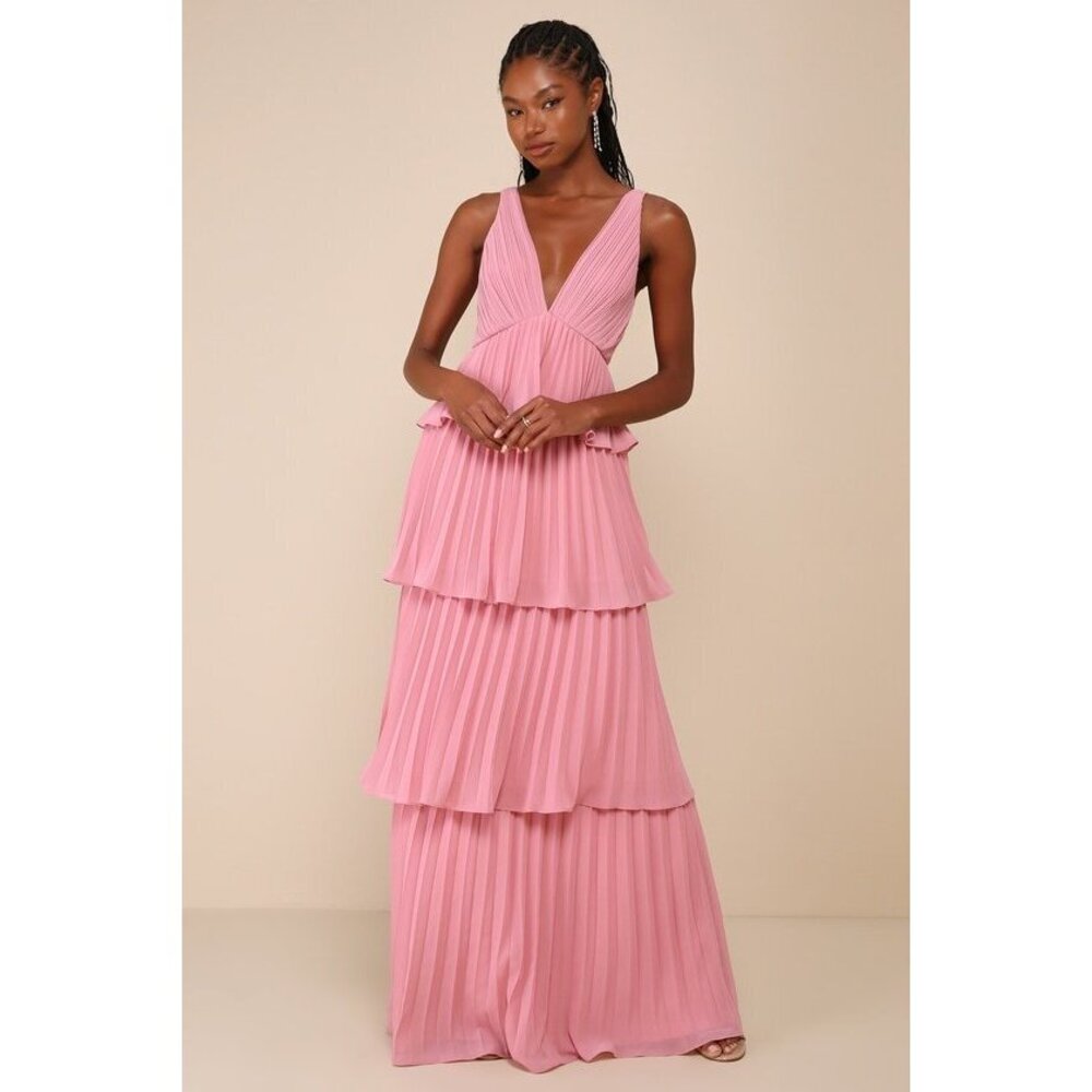 Lulus Mesmerizing Essence Pink Pleated Backless Tiered Maxi Dress - Size M